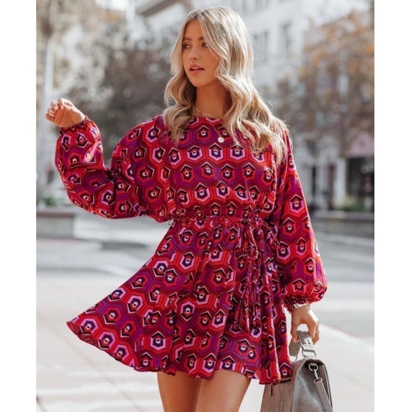 NEW Skies Are Blue Women's Geometric Print Mini Dress Braided Rope Tie Med - Picture 1 of 9